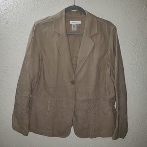 Coldwater Creek Sz L Linen Blend Embroidered Floral Blazer Jacket Beige